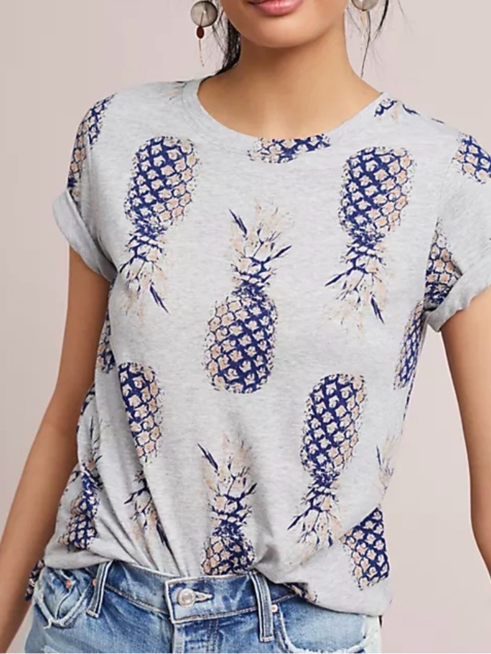 POSTMARK ANTHROPOLOGIE GRAY PINEAPPLE PRINT SHORT SLEEVE T-SHIRT WOMENS SZ XS